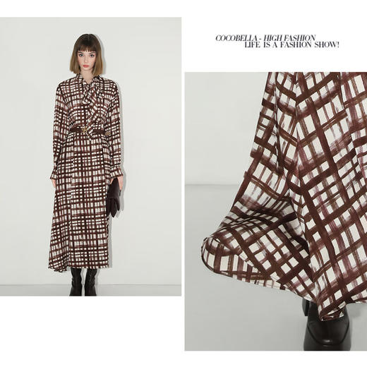 COCOBELLA雾感缎面飘带领通勤连衣裙秋轻奢法式茶歇衬衫裙FR3005 商品图2