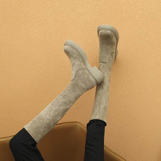 丝滑绒面长靴女2023秋冬款长筒靴复古弹力骑士靴腿精显瘦高筒靴子 商品图0