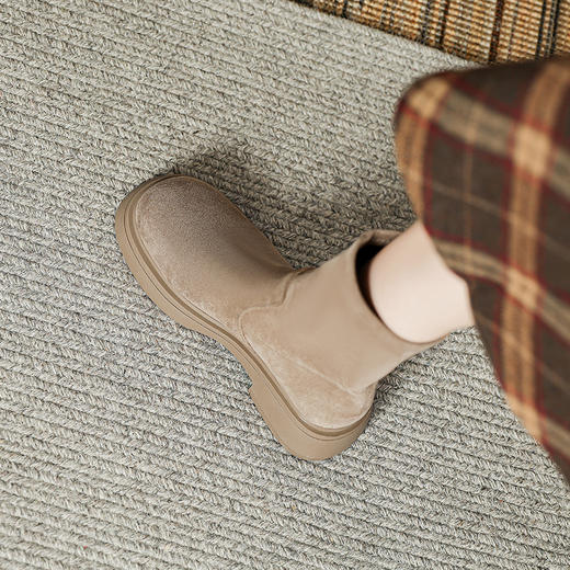 短靴女2023年秋冬新款复古圆头粗跟短筒骑士靴绒面百搭瘦瘦靴女鞋 商品图0