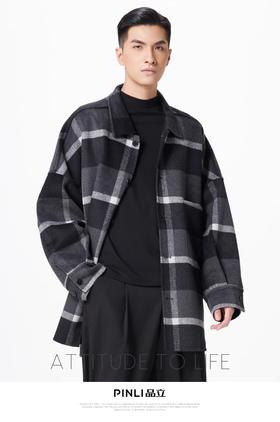 PINLI品立冬季新款宽松男装格子翻领绵羊毛双面呢大衣外套潮