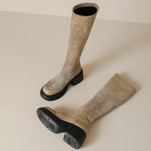 绒面厚底马丁靴长靴女秋冬款粗跟7cm高跟防水台轻底弹力显瘦高靴 商品图6