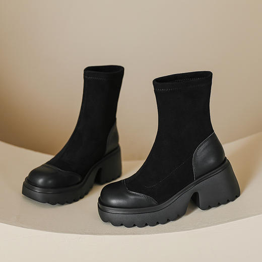 丝滑绒面马丁靴短靴女2023秋冬新款粗跟弹力靴7cm高跟显瘦靴子女 商品图2