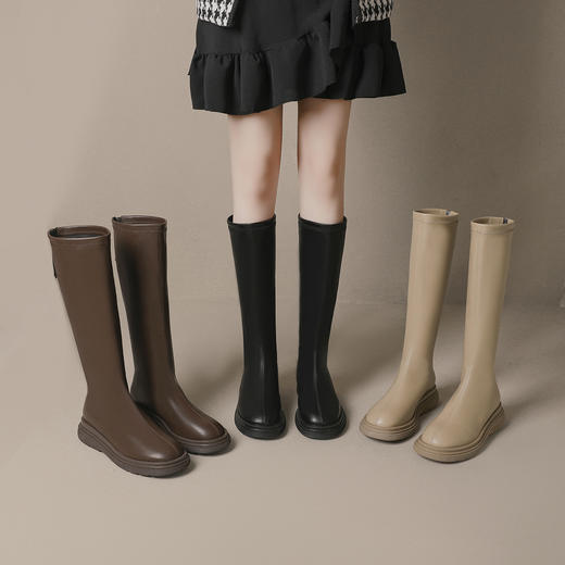 长靴2022年新款秋冬奶茶色女长筒靴弹力复古英伦风厚底高筒骑士靴 商品图3