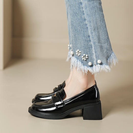 2023年春秋季新款单鞋复古圆头金币增高粗跟厚底英伦乐福小皮鞋女 商品图2