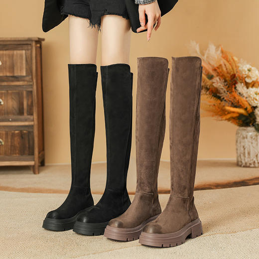 擦色复古过膝长筒靴小个子2023秋冬新款厚底瘦瘦靴弹力长靴女 商品图1