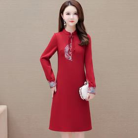 QYM-3293绣花国风修身时尚连衣裙2024年新款半高领长袖时髦优雅洋气A字裙