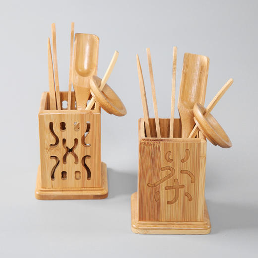 信德丨竹制茶道六君子 楠竹 
 四方茶字/四方镂空 茶勺茶则茶夹茶针茶漏茶筒 商品图1