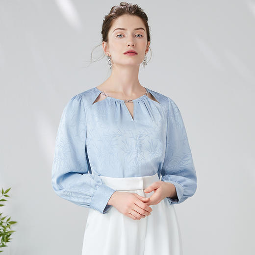 EITIE爱特爱中式草木印花气质直筒蓝色通勤衬衫上衣24春新款A2413305 商品图2