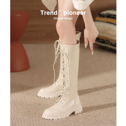 马丁靴长靴女2022秋冬季复古英伦风高筒系带加绒圆头不过膝骑士靴 商品图0