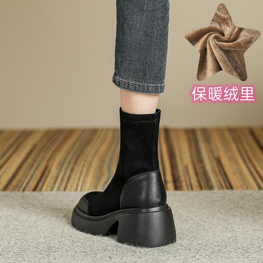 现货秒发，厚底7CM高跟绒面短靴女34码女生瘦瘦靴轻底弹力短筒靴 商品图7