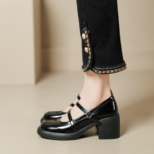 2023春季真皮玛丽珍粗跟单鞋女法式复古高跟鞋一字带浅口仙女鞋 商品图10