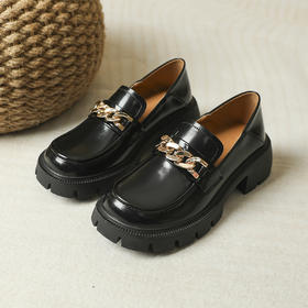 链条小皮鞋女2023春款厚底英伦风粗跟高跟乐福鞋圆头一脚蹬单鞋