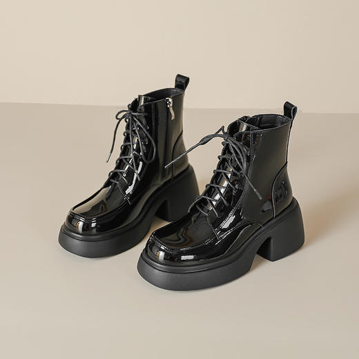 甜酷女生马丁靴女2023秋冬款英伦系带短靴7cm增高厚底高跟漆皮靴 商品图2