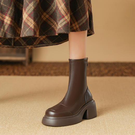 短靴女后拉链高跟时装靴轻底防水台韩版显瘦厚底增高粗跟小皮靴 商品图6