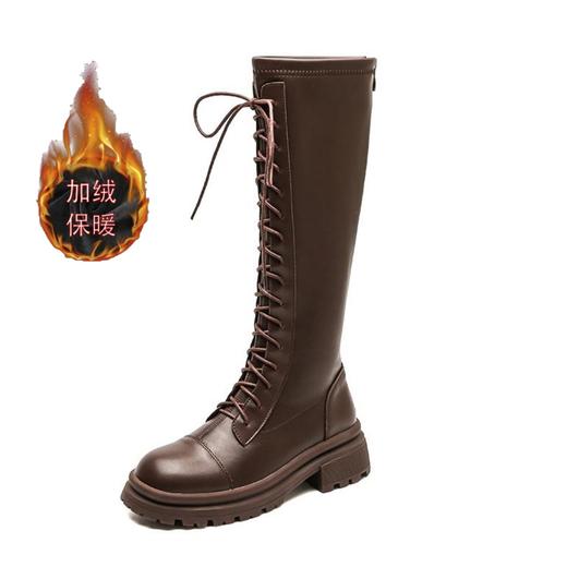 马丁靴长靴女2022秋冬季复古英伦风高筒系带加绒圆头不过膝骑士靴 商品图9