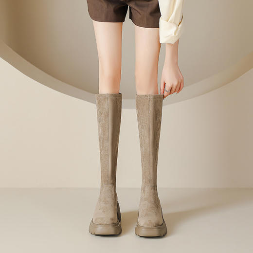 厚底长靴女2023秋冬高筒靴7cm高跟防水台增高弹力及膝松糕底靴子 商品图0