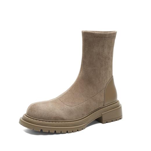 丝滑绒面短靴女2023秋冬款复古圆头短筒靴子英伦风粗跟女生瘦瘦靴 商品图4