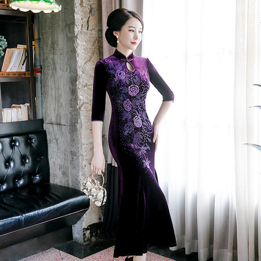 改良鱼尾旗袍连衣裙，高端演出宴会妈妈旗袍玫瑰花刺绣+烫钻礼服QQ-9550 商品图0