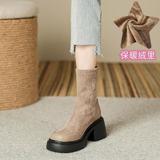 现货秒发，厚底7CM高跟绒面短靴女34码女生瘦瘦靴轻底弹力短筒靴 商品图8