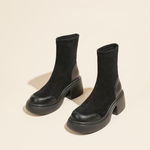 爆款现货绒面短靴女秋冬款7cm高跟厚底防水台短筒瘦瘦靴马丁靴女 商品图1