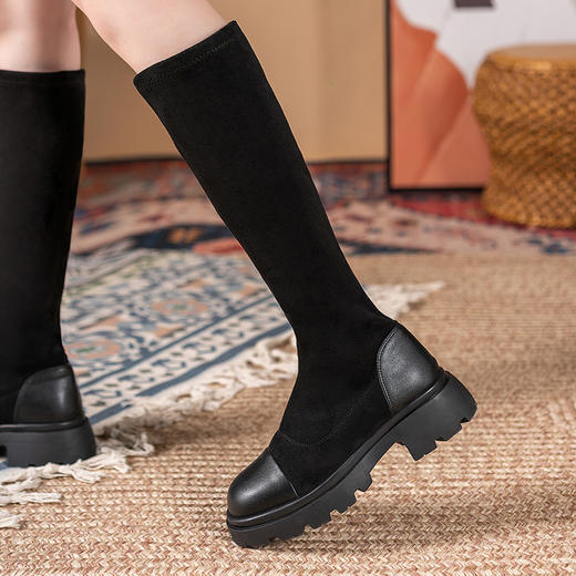 长靴2022秋冬新款高筒靴绒面靴子显瘦弹力靴子女简约复古骑士靴 商品图1