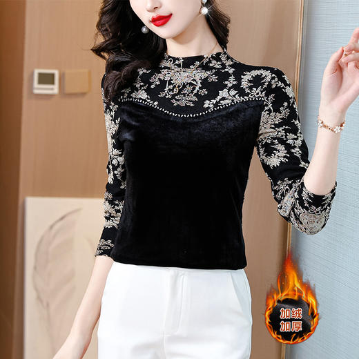 KQL-B38N3671现货半高领丝绒拼接加绒打底衫长袖女士上衣修身显瘦时尚百搭小衫 商品图1