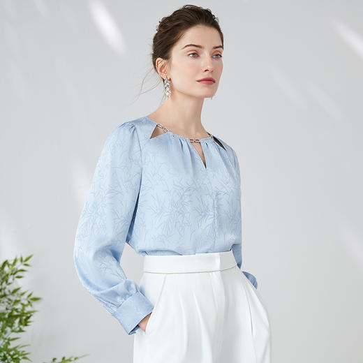 EITIE爱特爱中式草木印花气质直筒蓝色通勤衬衫上衣24春新款A2413305 商品图3