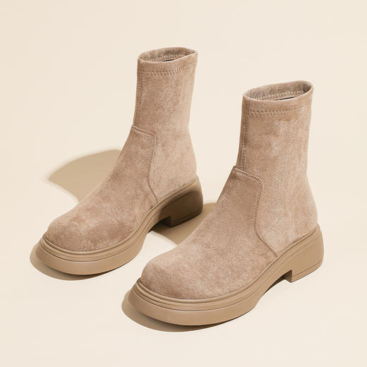 短靴女2023年秋冬新款复古圆头粗跟短筒骑士靴绒面百搭瘦瘦靴女鞋 商品图6
