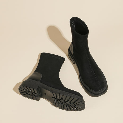 丝滑绒面短靴女2023秋冬款复古圆头短筒靴子英伦风粗跟女生瘦瘦靴 商品图7