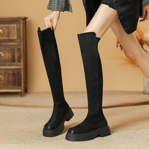 擦色复古过膝长筒靴小个子2023秋冬新款厚底瘦瘦靴弹力长靴女 商品图2