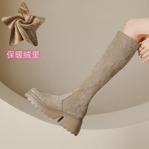 厚底长靴女2023秋冬高筒靴7cm高跟防水台增高弹力及膝松糕底靴子 商品图8