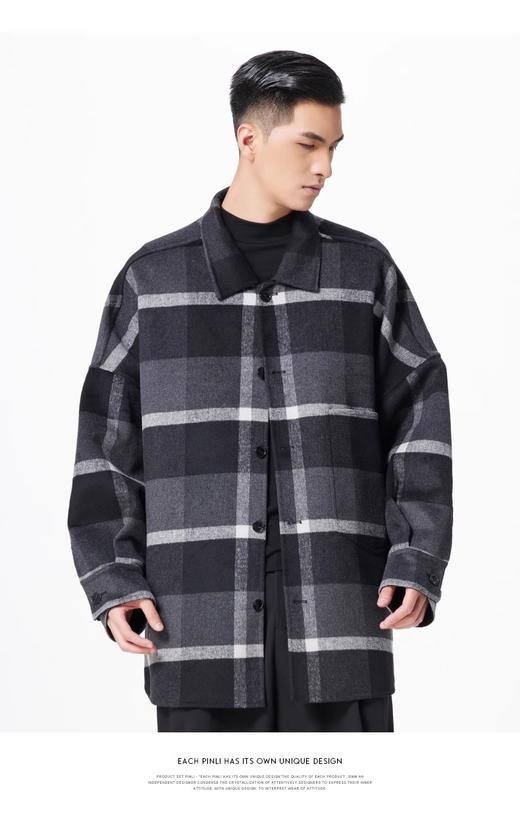 PINLI品立冬季新款宽松男装格子翻领绵羊毛双面呢大衣外套潮 商品图1