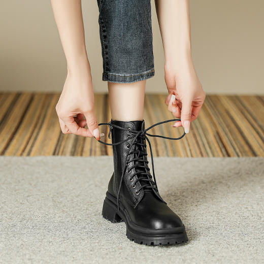 机车辣妹 系带短靴女2023秋冬款粗跟厚底英伦风马丁靴短筒靴子女 商品图1