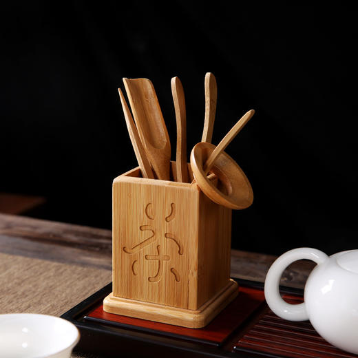 信德丨竹制茶道六君子 楠竹 
 四方茶字/四方镂空 茶勺茶则茶夹茶针茶漏茶筒 商品图3