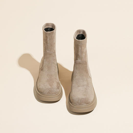 短靴女2023年秋冬新款复古圆头粗跟短筒骑士靴绒面百搭瘦瘦靴女鞋 商品图1