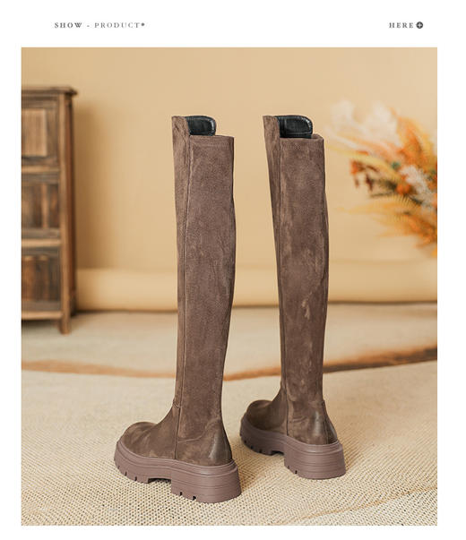 擦色短靴女小个子秋冬新款英伦风绒面过膝长靴子厚底弹力瘦瘦靴女 商品图1