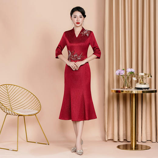 改良版年轻款复古红色旗袍礼服高端连衣裙WX-88339 商品图0