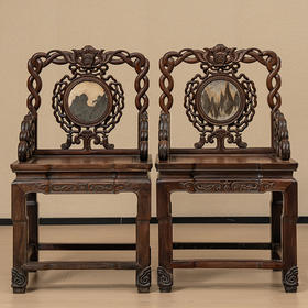 清 红木镶云石透雕蝙蝠绳纹扶手椅（一对）