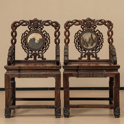 清 红木镶云石透雕蝙蝠绳纹扶手椅（一对） 商品图0