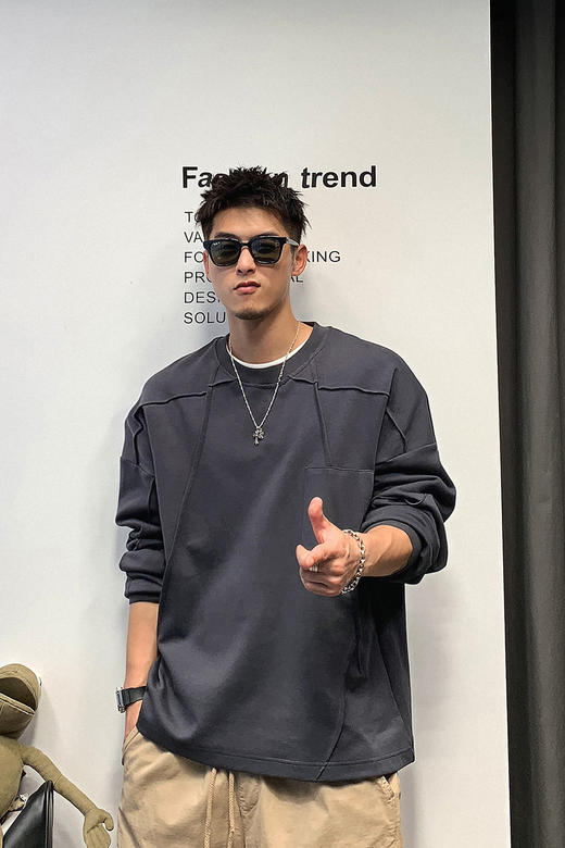 徐太浪设计感高端日系卫衣男无帽圆领春秋百搭休闲纯色高品质上衣 商品图5