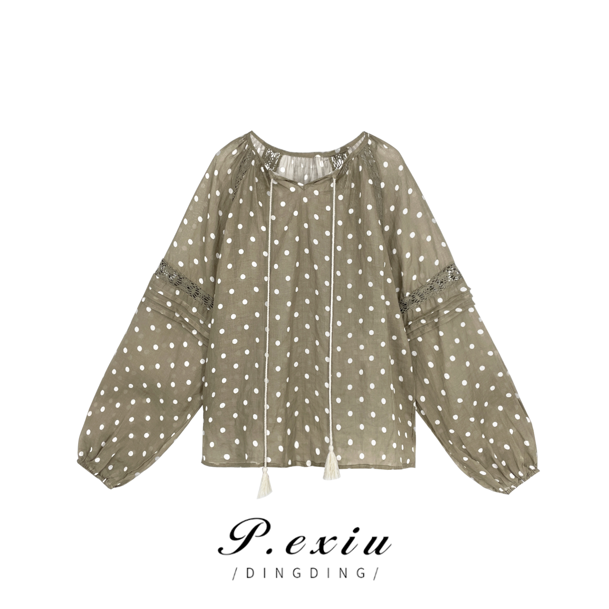 03-5潘依绣丁丁宠粉PanYiXiu/潘依绣【前后两穿】100%苎麻系带高级感波点衬衫 W-61381