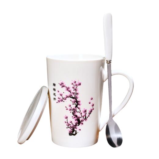 梅花陶瓷水杯家用马克杯带盖勺变色杯喝水杯小礼品杯咖啡杯热感杯 商品图4