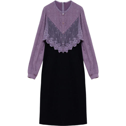 洋气修身，新款圆领长袖A字裙蕾丝拼接中长款假两件时尚连衣裙QYM-XQD-53B72-L 商品图4