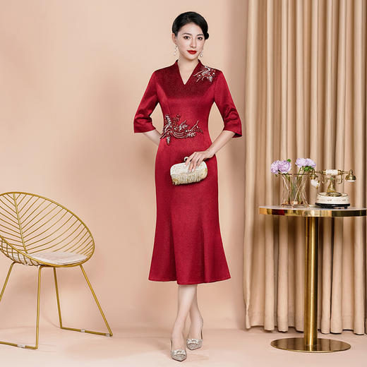 改良版年轻款复古红色旗袍礼服高端连衣裙WX-88339 商品图1