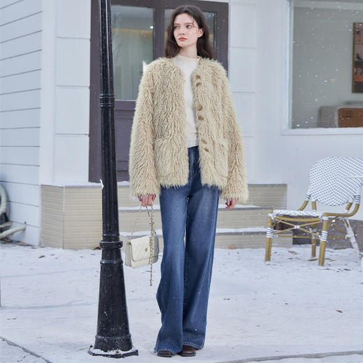 西遇杏色皮毛一体皮草外套秋冬新款韩系气质名媛宽松毛毛外套12432633 商品图1