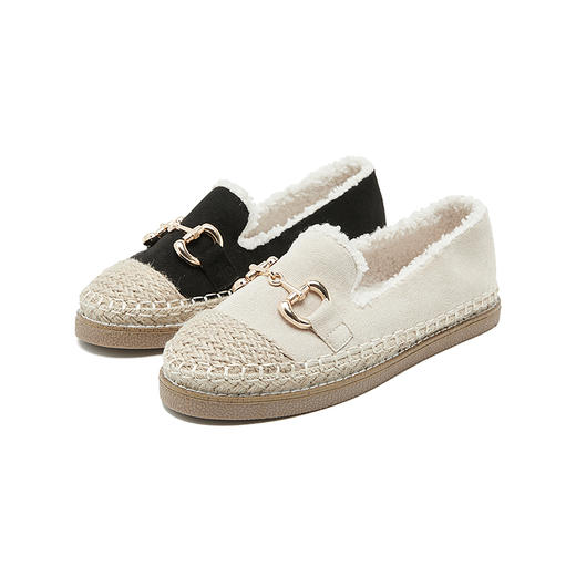 西遇一脚蹬渔夫鞋女新款冬季法式金扣乐福鞋平底加绒毛毛鞋V0034436 商品图4