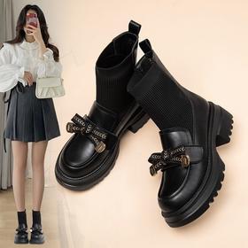 ZHR短靴女2023秋冬新款学院风乐福小皮鞋加绒弹力布袜靴瘦瘦靴子