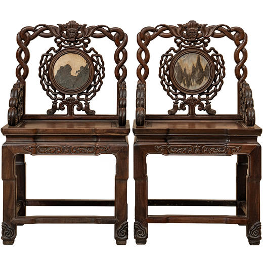 清 红木镶云石透雕蝙蝠绳纹扶手椅（一对） 商品图5