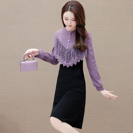 洋气修身，新款圆领长袖A字裙蕾丝拼接中长款假两件时尚连衣裙QYM-XQD-53B72-L 商品图2