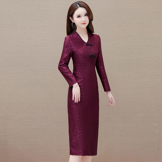 国风优雅，印花中长款时尚新款V领长袖洋气通勤A字裙QYM-XQD-53B73-L 商品图1